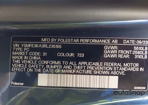 2024 Polestar 2 Long Range Single Motor/Long Range Single Motor Plus z USA, uszkodzony, nr VIN YSMFE3KA3RL235155